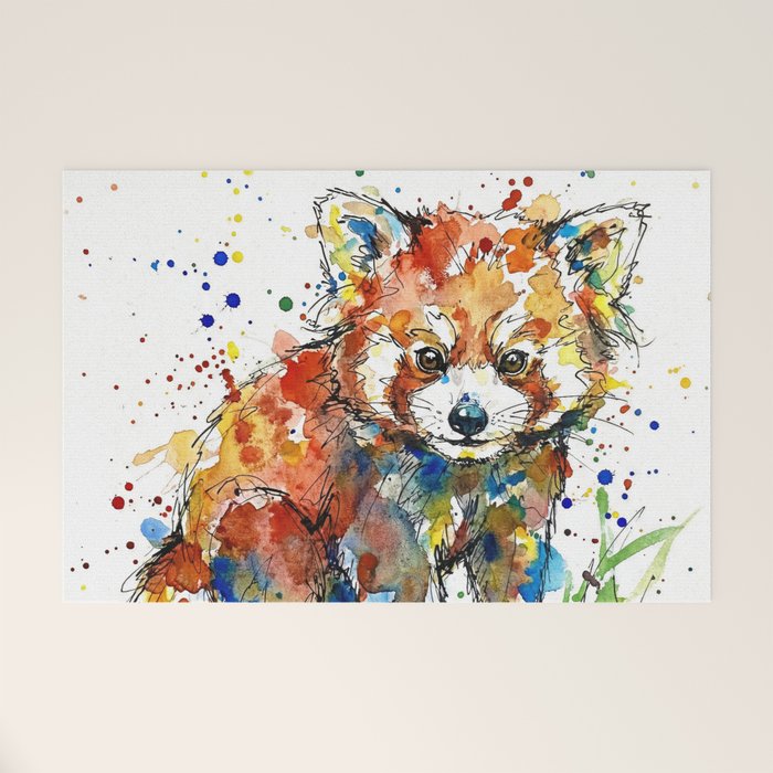 Baby Red Panda - Colourful Ink Line and Watercolour Splatter Art Welcome Mat Gallery Image 1
