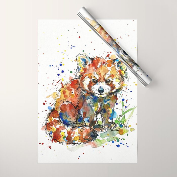 Baby Red Panda - Colourful Ink Line and Watercolour Splatter Art Wrapping Paper Gallery Image 1
