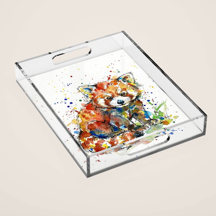 Baby Red Panda - Colourful Ink Line and Watercolour Splatter Art Acrylic Tray Gallery Image 1