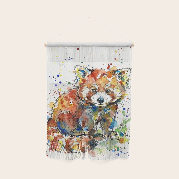Baby Red Panda - Colourful Ink Line and Watercolour Splatter Art Wall Hanging Gallery Image 1