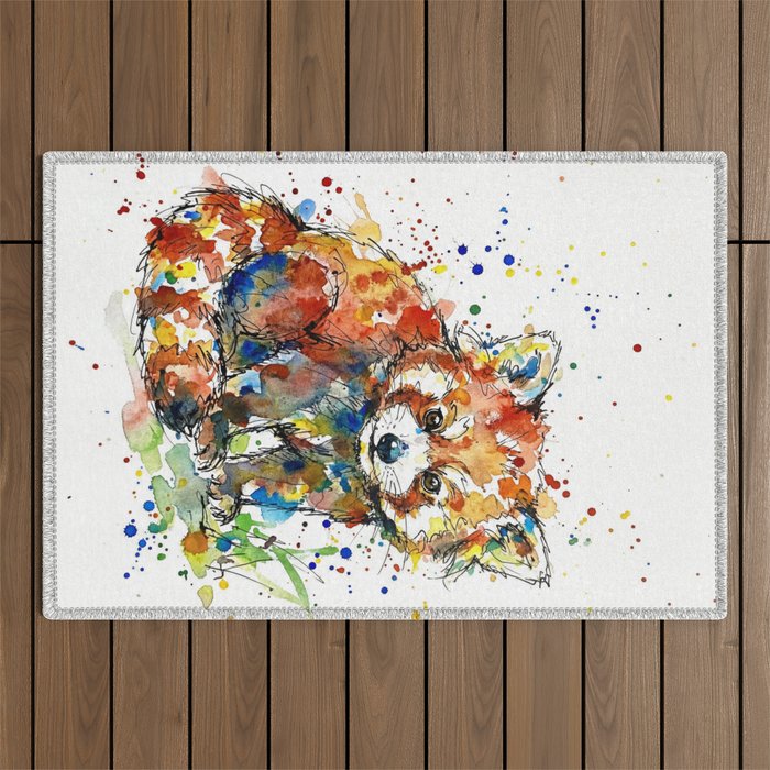Baby Red Panda - Colourful Ink Line and Watercolour Splatter Art Outdoor Rug Gallery Image 1