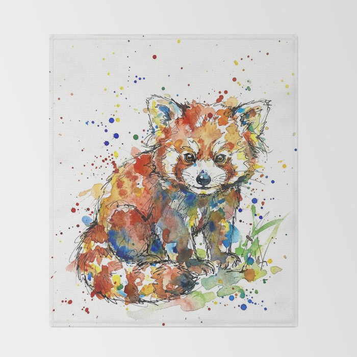 Baby Red Panda - Colourful Ink Line and Watercolour Splatter Art Throw Blanket Gallery Image 2