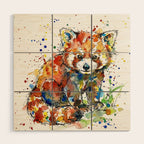 Baby Red Panda - Colourful Ink Line and Watercolour Splatter Art Wood Wall Art Gallery Image 1