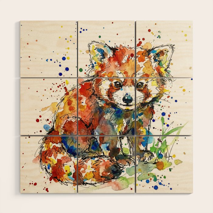 Baby Red Panda - Colourful Ink Line and Watercolour Splatter Art Wood Wall Art Gallery Image 1