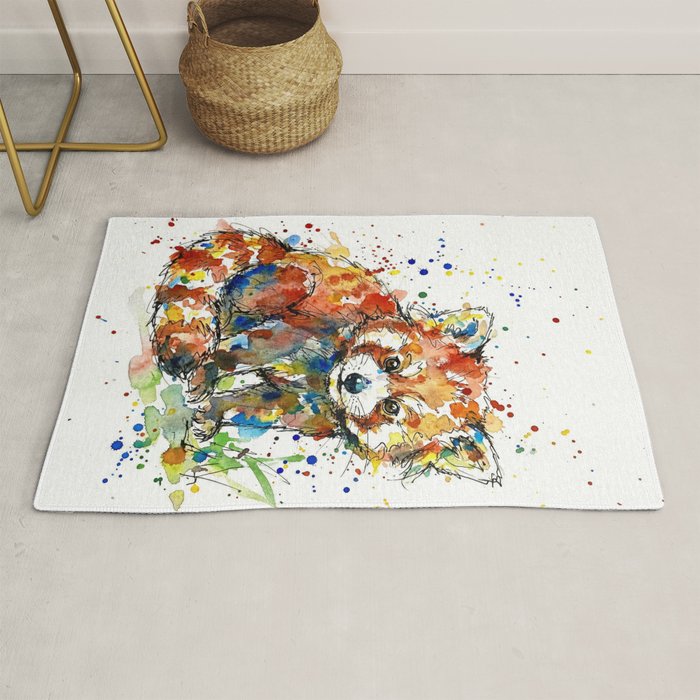 Baby Red Panda - Colourful Ink Line and Watercolour Splatter Art Rug Gallery Image 1