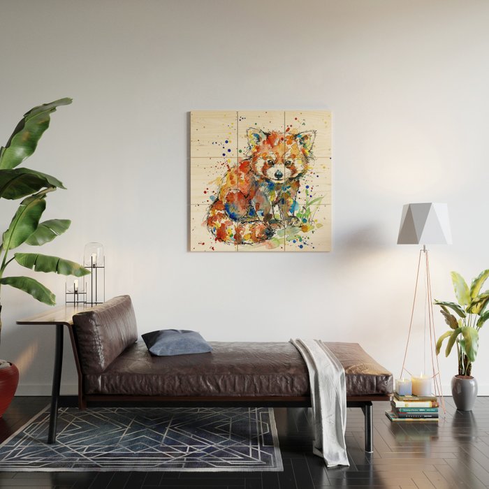Baby Red Panda - Colourful Ink Line and Watercolour Splatter Art Wood Wall Art Gallery Image 2