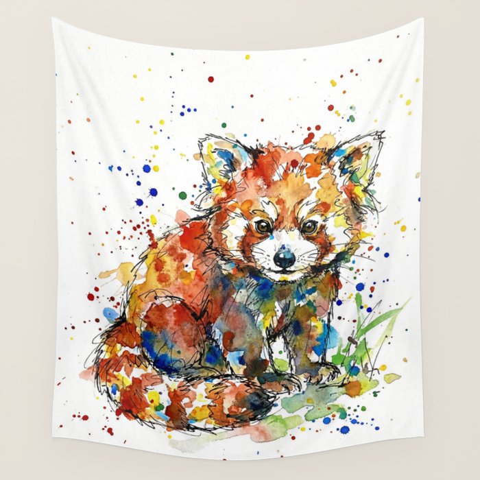 Baby Red Panda - Colourful Ink Line and Watercolour Splatter Art Wall Tapestry Gallery Image 4