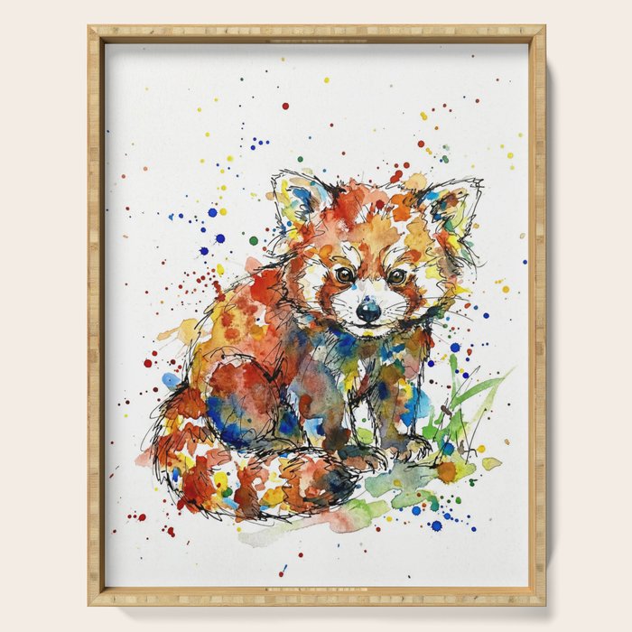 Baby Red Panda - Colourful Ink Line and Watercolour Splatter Art Serving Tray Gallery Image 1