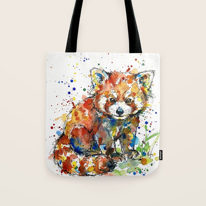 Baby Red Panda - Colourful Ink Line and Watercolour Splatter Art Tote Bag Gallery Image 1