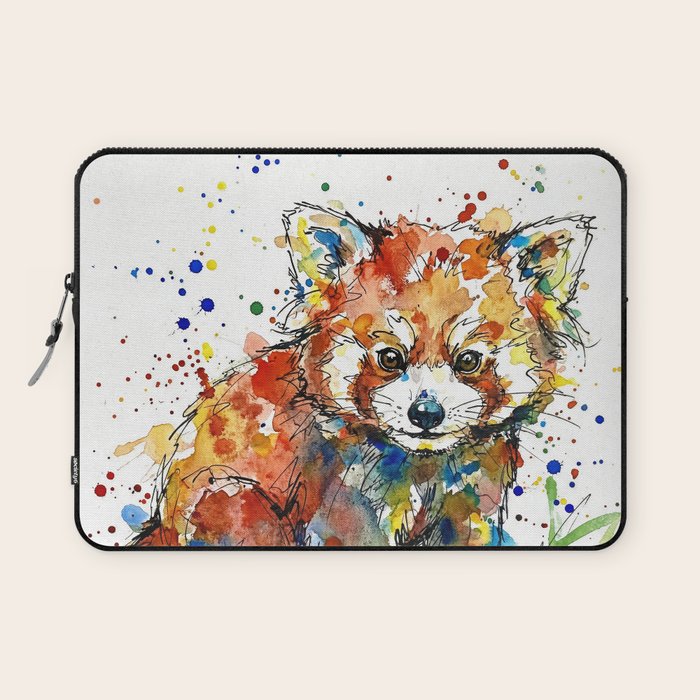 Baby Red Panda - Colourful Ink Line and Watercolour Splatter Art Laptop Sleeve Gallery Image 1