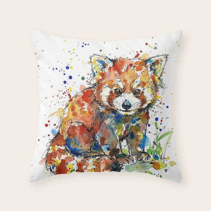 Baby Red Panda - Colourful Ink Line and Watercolour Splatter Art Throw Pillow Gallery Image 6