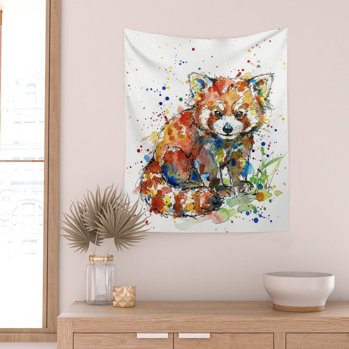 Baby Red Panda - Colourful Ink Line and Watercolour Splatter Art Wall Tapestry Gallery Image 2