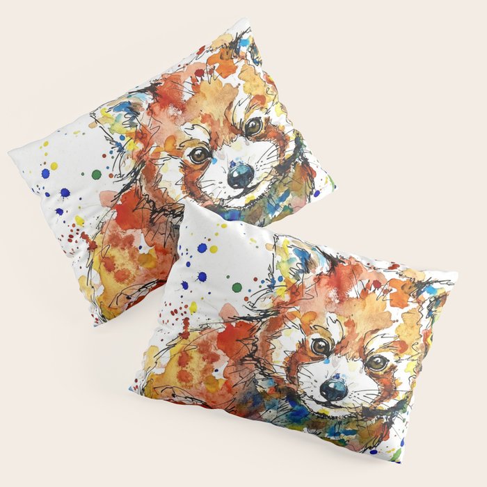 Baby Red Panda - Colourful Ink Line and Watercolour Splatter Art Pillow Sham Gallery Image 3