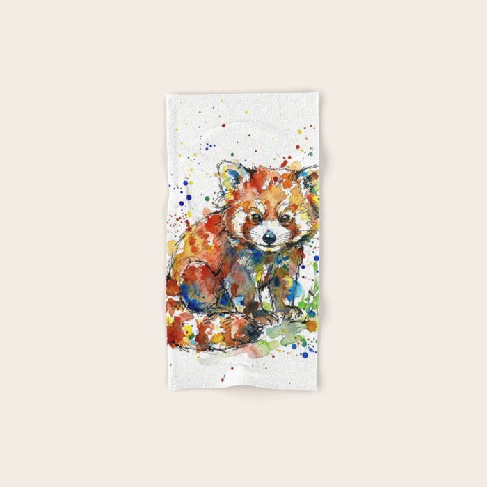 Baby Red Panda - Colourful Ink Line and Watercolour Splatter Art Bath Towel Gallery Image 1