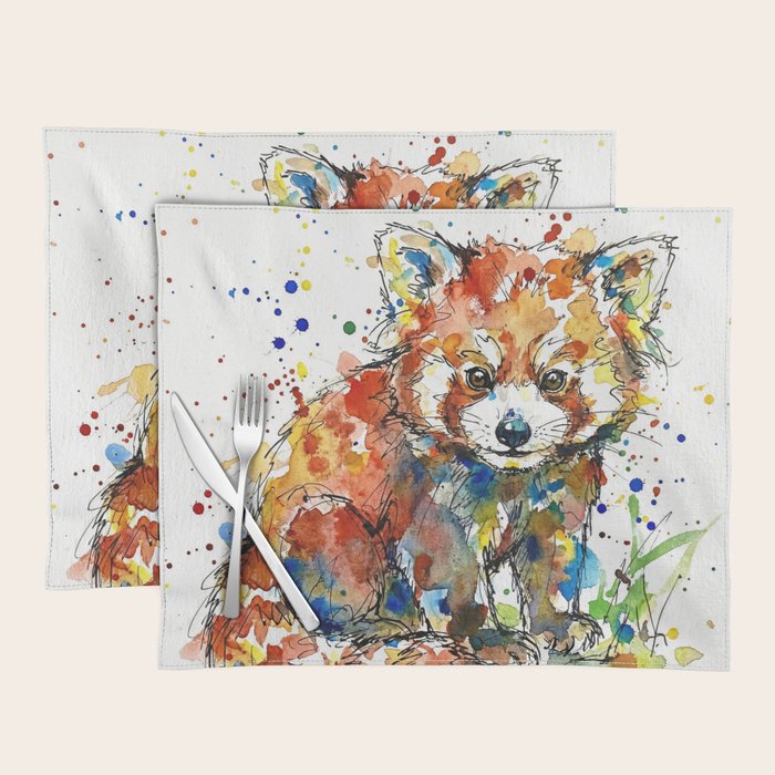 Baby Red Panda - Colourful Ink Line and Watercolour Splatter Art Placemat Gallery Image 1