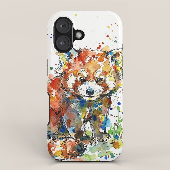 Baby Red Panda - Colourful Ink Line and Watercolour Splatter Art iPhone Case Gallery Image 1