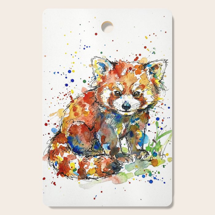 Baby Red Panda - Colourful Ink Line and Watercolour Splatter Art Cutting Board Gallery Image 1