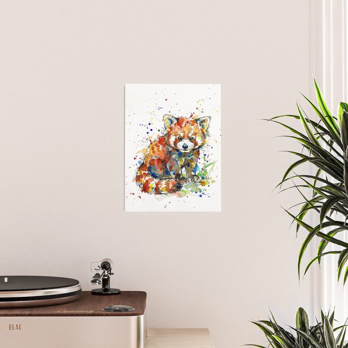 Baby Red Panda - Colourful Ink Line and Watercolour Splatter Art Poster Gallery Image 2