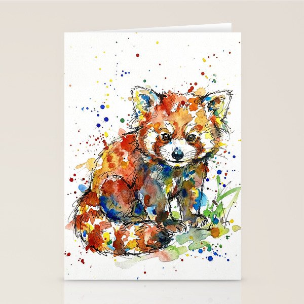 Baby Red Panda - Colourful Ink Line and Watercolour Splatter Art Stationery Card Gallery Image 2