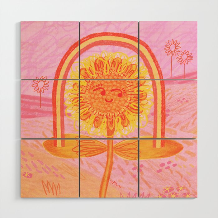 Retro Sunflower & Rainbow in Pink Wood Wall Art Gallery Image 1
