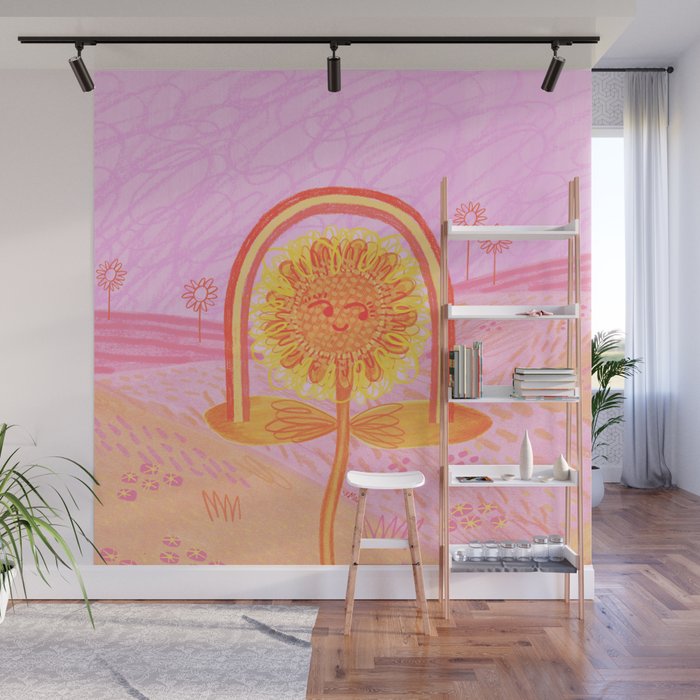 Retro Sunflower & Rainbow in Pink Wall Mural Gallery Image 1