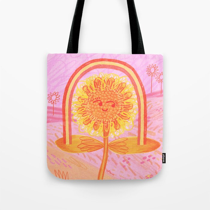 Retro Sunflower & Rainbow in Pink Tote Bag Gallery Image 1