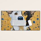 Gustav Klimt Style Dog Dressed in Blue White and Gold Desk Mat Gallery Image 1