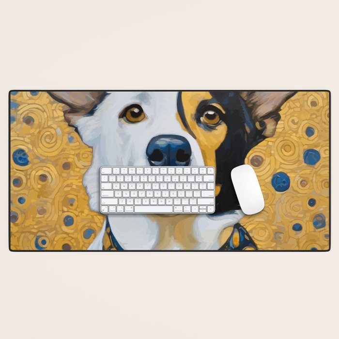 Gustav Klimt Style Dog Dressed in Blue White and Gold Desk Mat Gallery Image 1