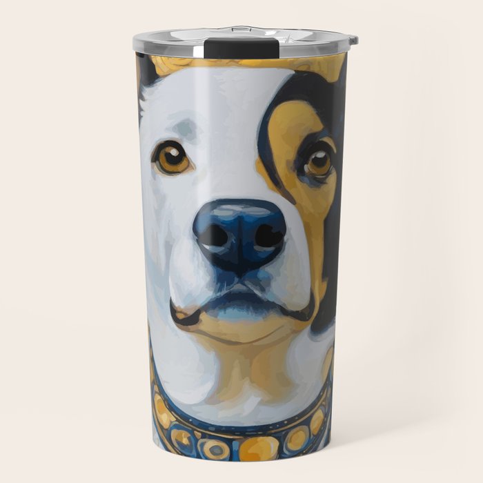 Gustav Klimt Style Dog Dressed in Blue White and Gold Travel Mug Gallery Image 1