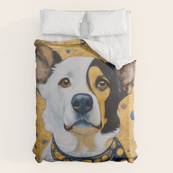 Gustav Klimt Style Dog Dressed in Blue White and Gold Duvet Cover Gallery Image 1