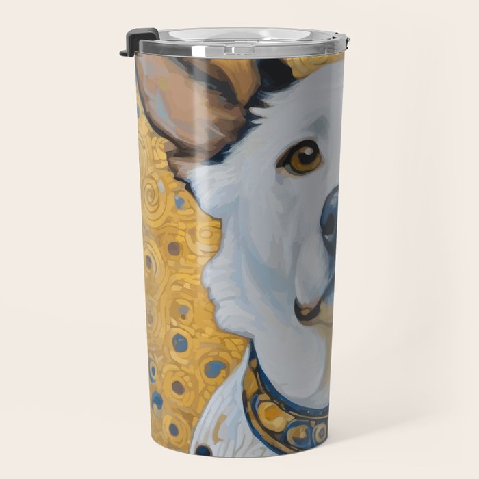 Gustav Klimt Style Dog Dressed in Blue White and Gold Travel Mug Gallery Image 3