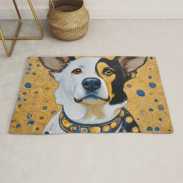 Gustav Klimt Style Dog Dressed in Blue White and Gold Rug Gallery Image 1