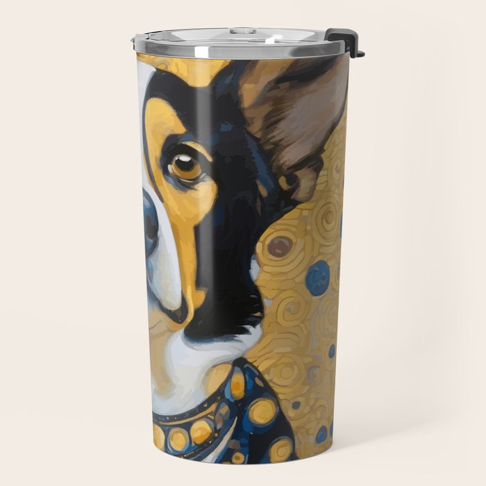 Gustav Klimt Style Dog Dressed in Blue White and Gold Travel Mug Gallery Image 2