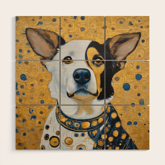 Gustav Klimt Style Dog Dressed in Blue White and Gold Wood Wall Art Gallery Image 1