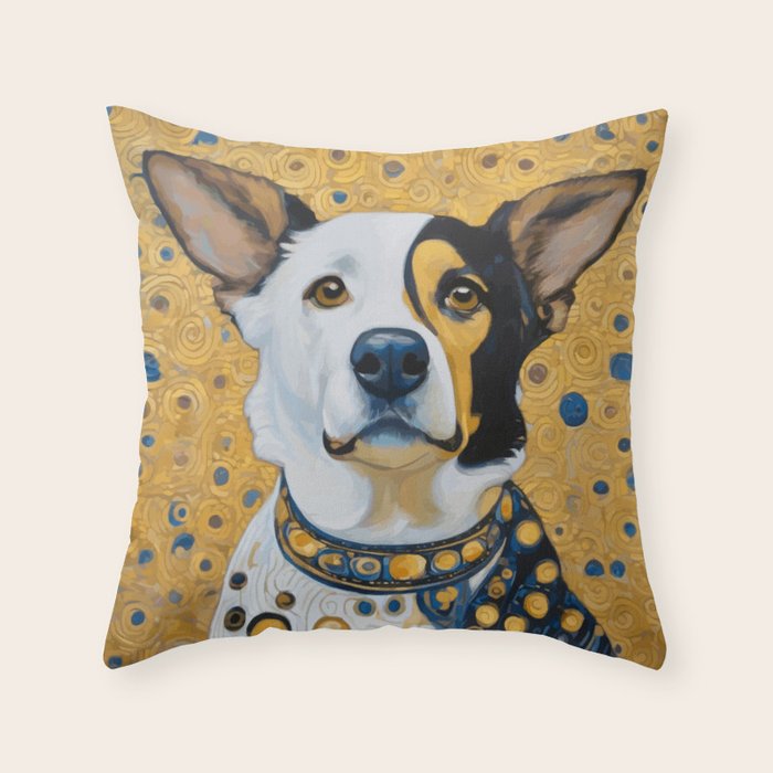Gustav Klimt Style Dog Dressed in Blue White and Gold Throw Pillow Gallery Image 1