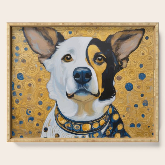 Gustav Klimt Style Dog Dressed in Blue White and Gold Serving Tray Gallery Image 1