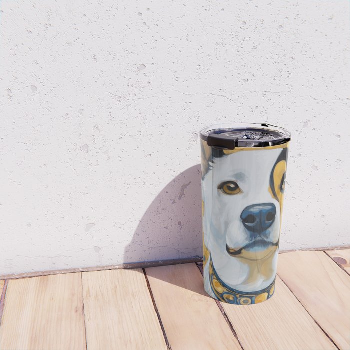 Gustav Klimt Style Dog Dressed in Blue White and Gold Travel Mug Gallery Image 4