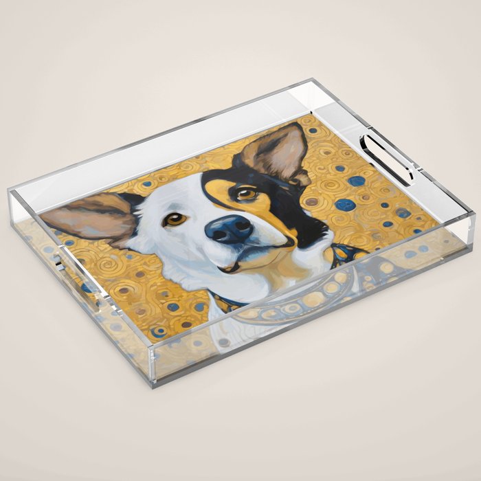 Gustav Klimt Style Dog Dressed in Blue White and Gold Acrylic Tray Gallery Image 1