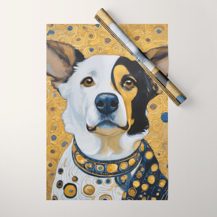 Gustav Klimt Style Dog Dressed in Blue White and Gold Wrapping Paper Gallery Image 1