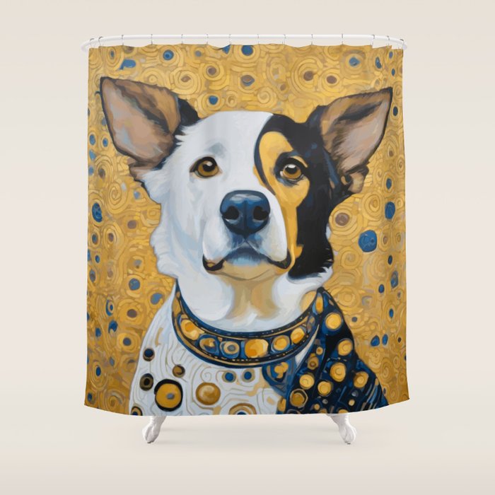 Gustav Klimt Style Dog Dressed in Blue White and Gold Shower Curtain Gallery Image 1