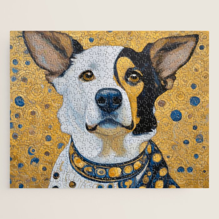 Gustav Klimt Style Dog Dressed in Blue White and Gold Jigsaw Puzzle Gallery Image 1