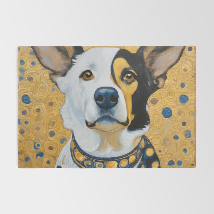 Gustav Klimt Style Dog Dressed in Blue White and Gold Rug Gallery Image 2