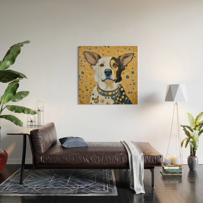 Gustav Klimt Style Dog Dressed in Blue White and Gold Wood Wall Art Gallery Image 2