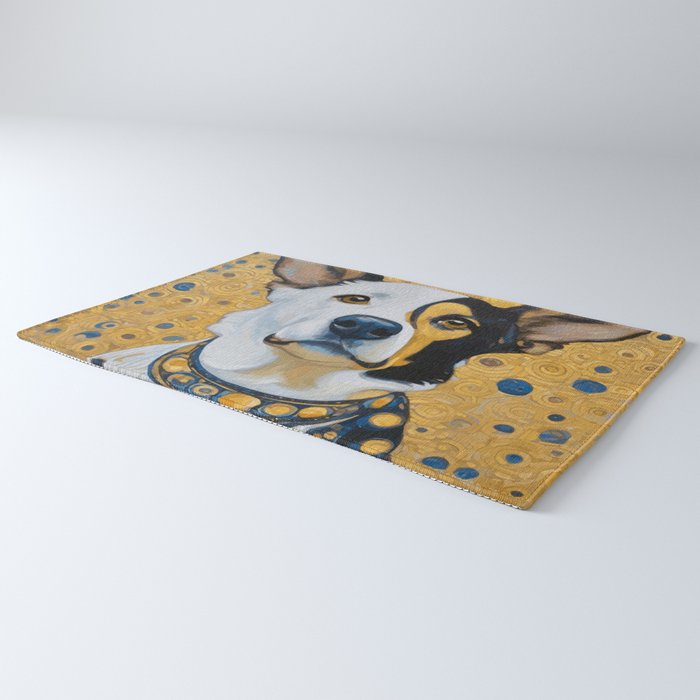 Gustav Klimt Style Dog Dressed in Blue White and Gold Rug Gallery Image 3