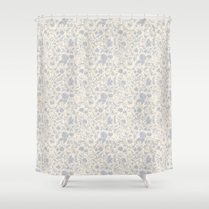 Hand Drawn Jacobean Floral - Blue Cream Shower Curtain Gallery Image 1