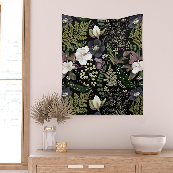 Dark Mystical Garden Botanical Pattern Wall Tapestry Gallery Image 2