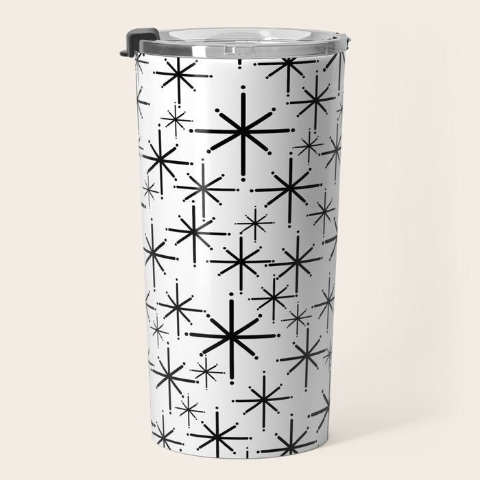 Mid Century Modern Twinkling Starburst Pattern in Black and White Travel Mug Gallery Image 3