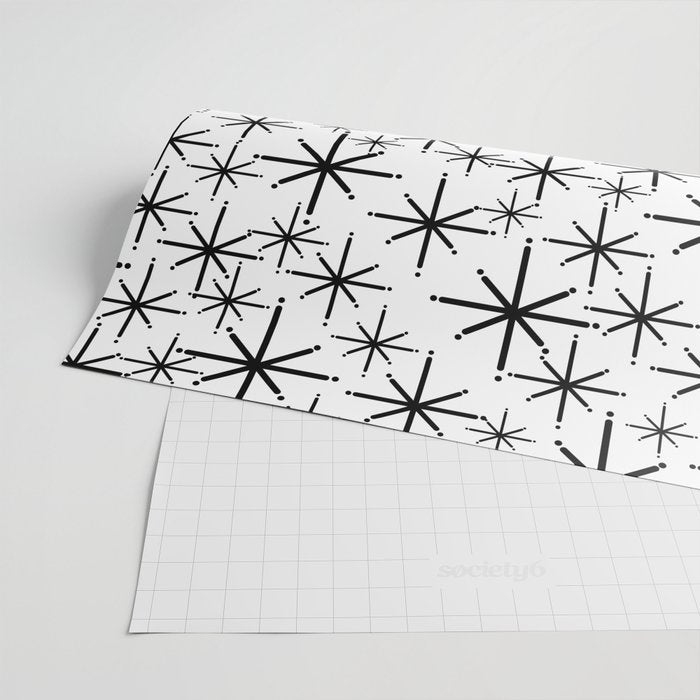Mid Century Modern Twinkling Starburst Pattern in Black and White Wrapping Paper Gallery Image 2