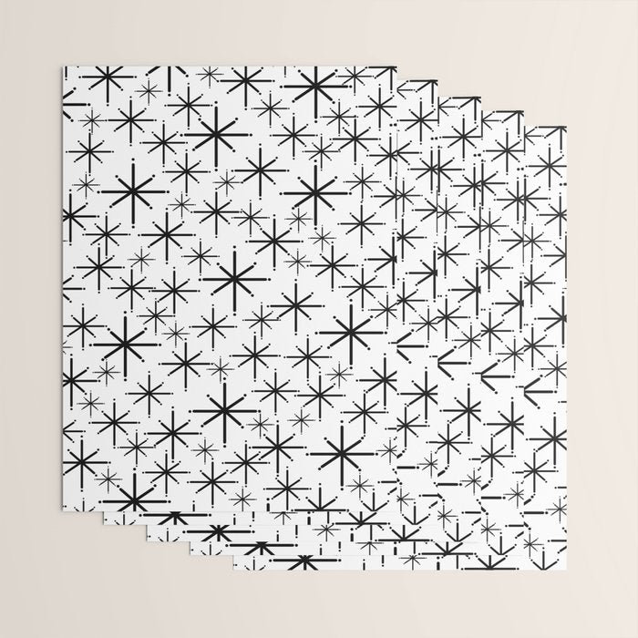 Mid Century Modern Twinkling Starburst Pattern in Black and White Wrapping Paper Gallery Image 3