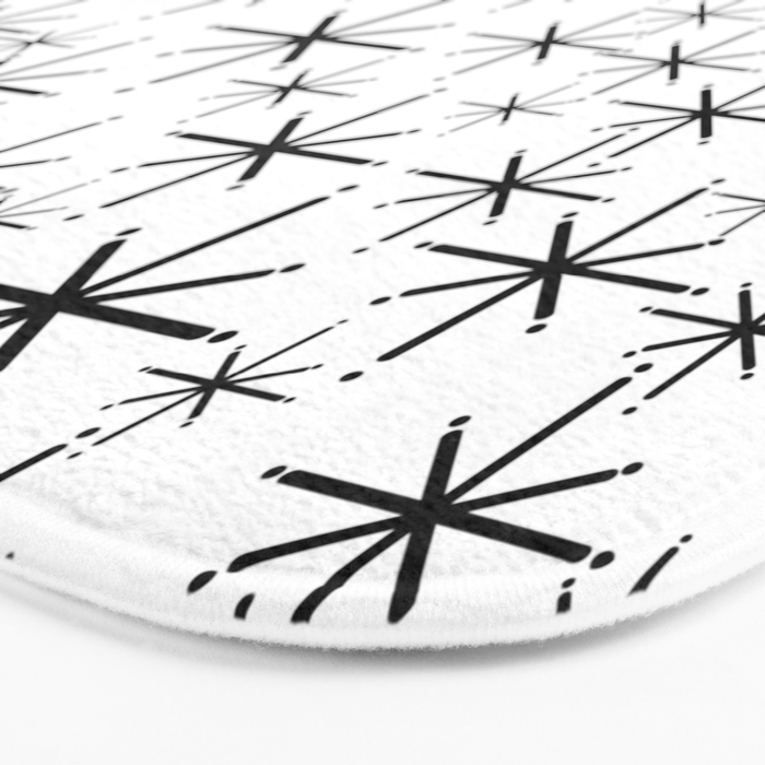 Mid Century Modern Twinkling Starburst Pattern in Black and White Bath Mat Gallery Image 3